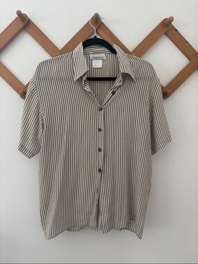 Lightweight Silk Striped Short-Sleeve Blouse in Sage & White